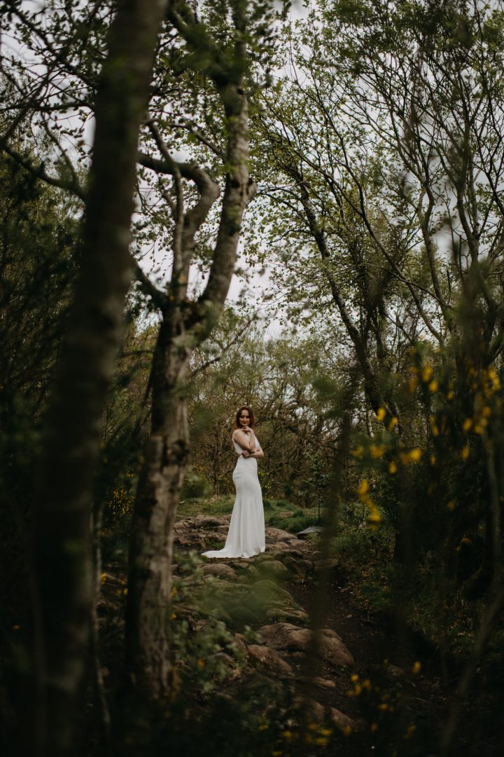 Bridal shot in woodland forest from Scottish elopement