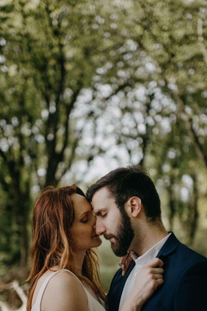 Couple session in nature Scotland by trees. Lena Sabala and Patrick Zaarour on Mark Pacura workshop.