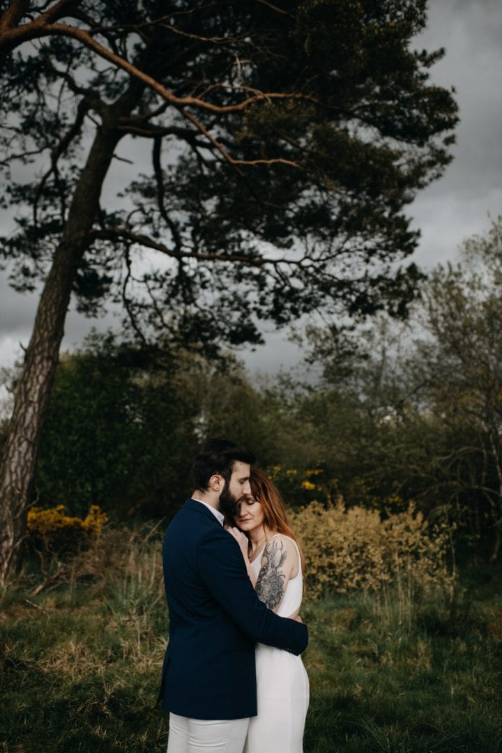 Elopement couples shoot in nature Scotland. Stormy tree shot with Lena Sabala and Patrick Zaarour on Mark Pacura workshop.