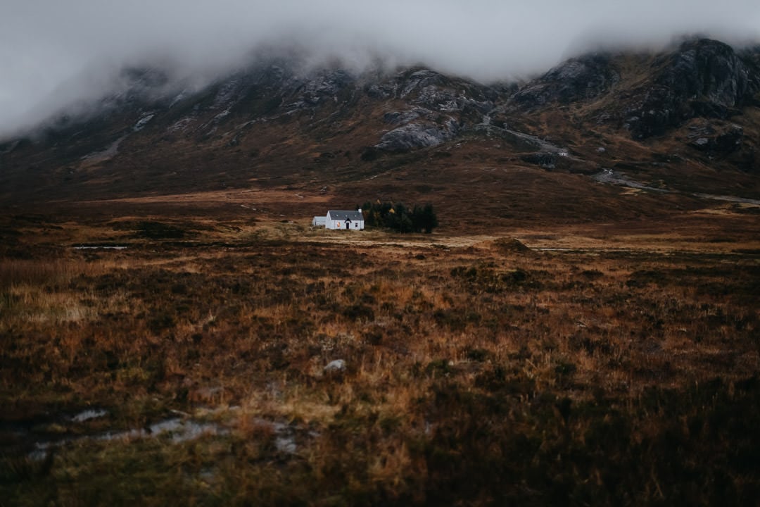 Glencoe white hut - foggy scene