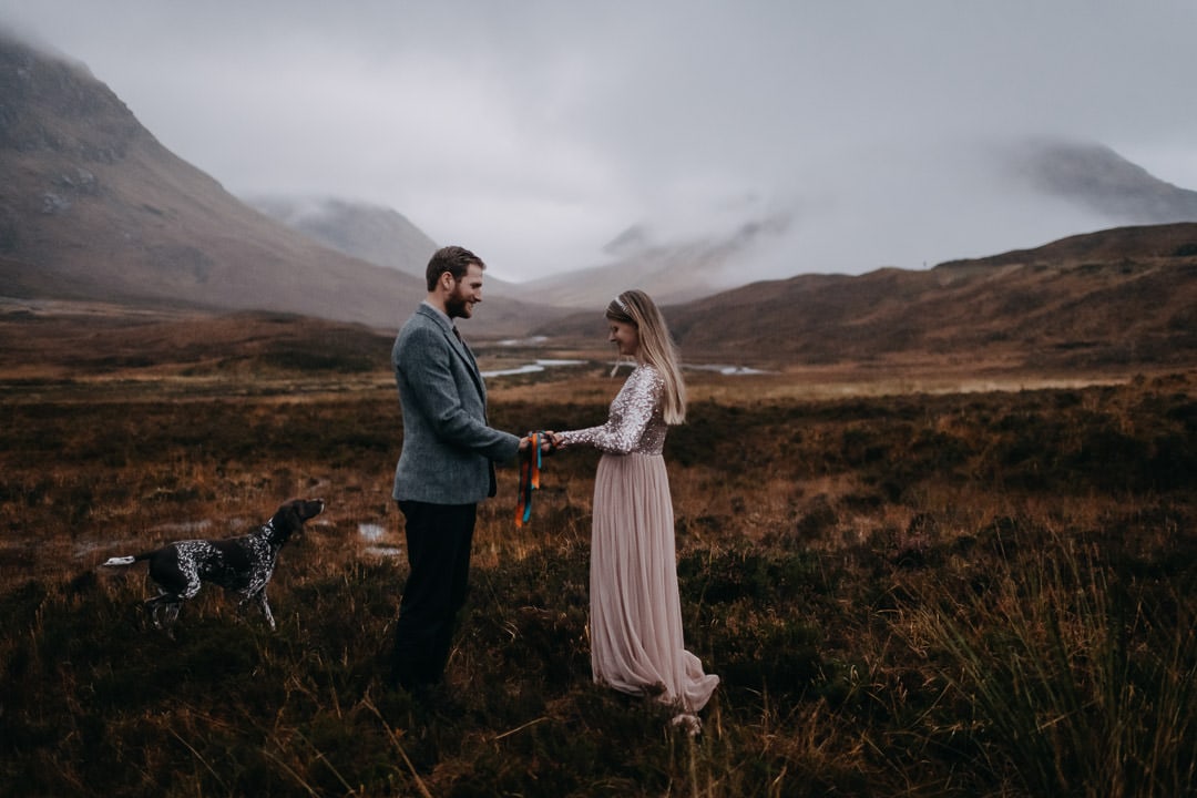 Handfasting in Glencoe - vows in the moody mountains of Scotland with dog