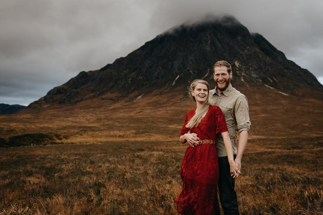 Happy couple in Glen Coe, Buachaille Etive Mòr - elopement adventure session