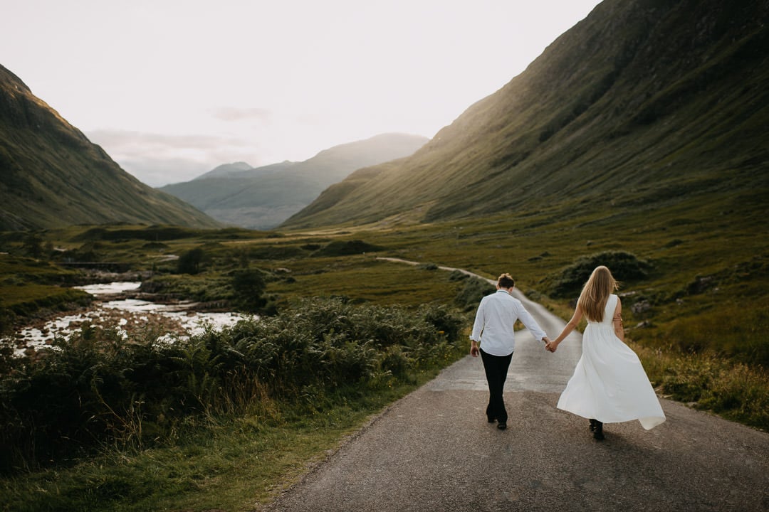 Dramatic sunset for eloping couple in Glen Etive, Scotland
