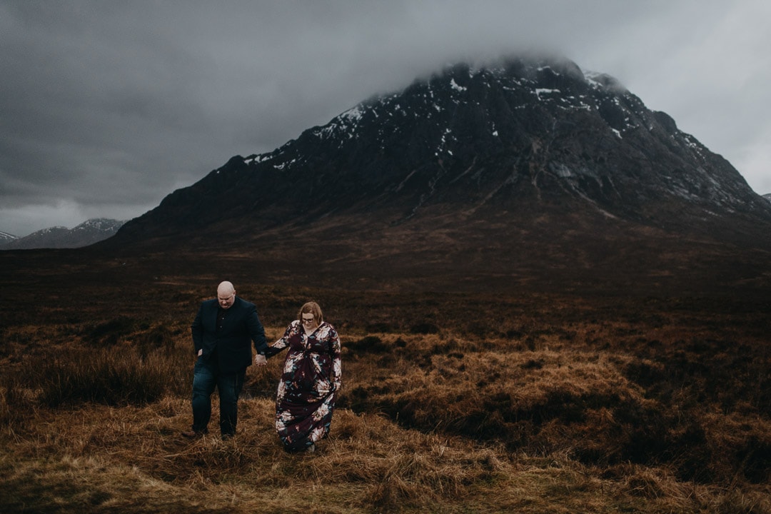 Exploring the moors of Etive Mhor on a Scottish Highlands adventure session for couples