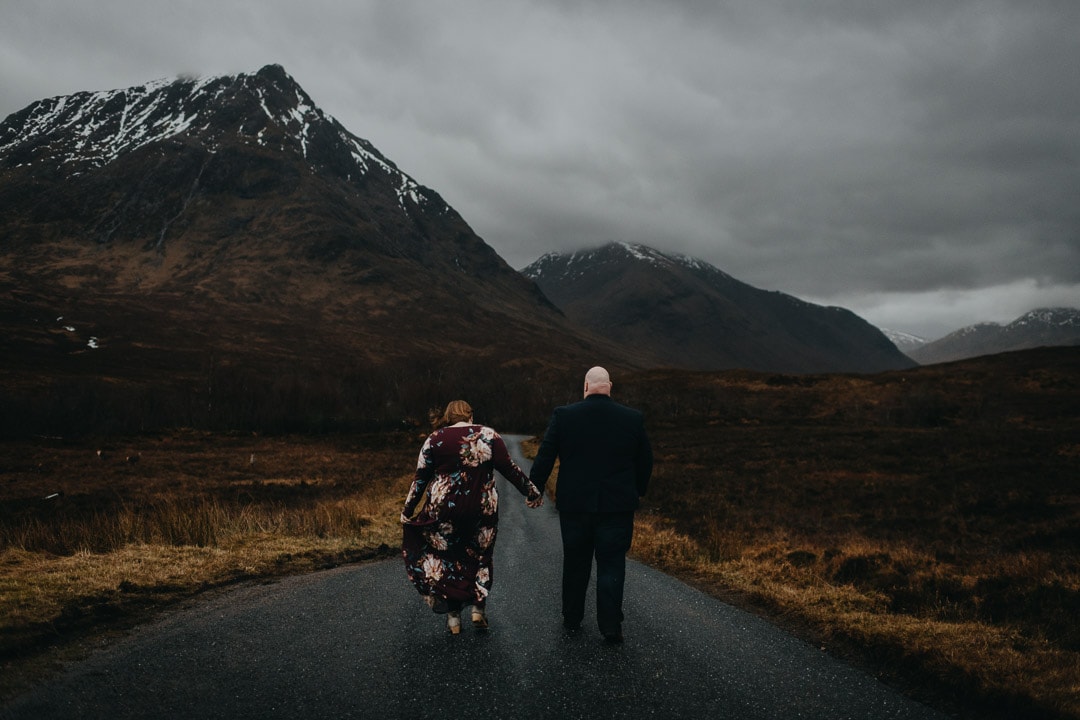 holding hands on the roads to Glen Etive, backdrop to Skyfall