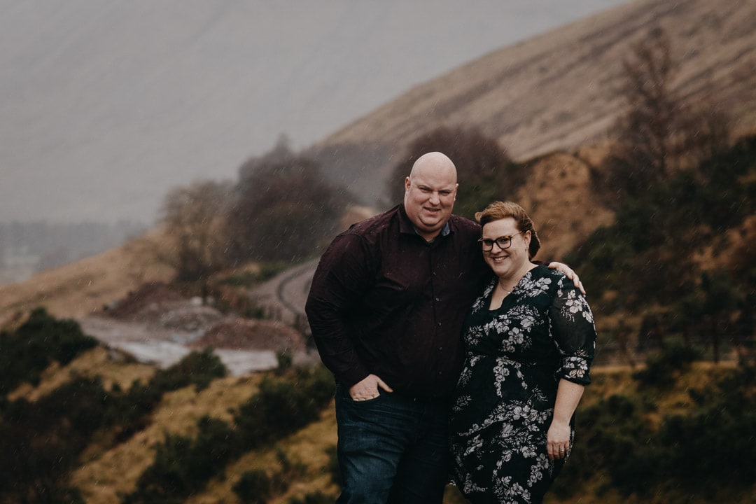 Romantic rainy couples adventure session in the Scottish Highlands
