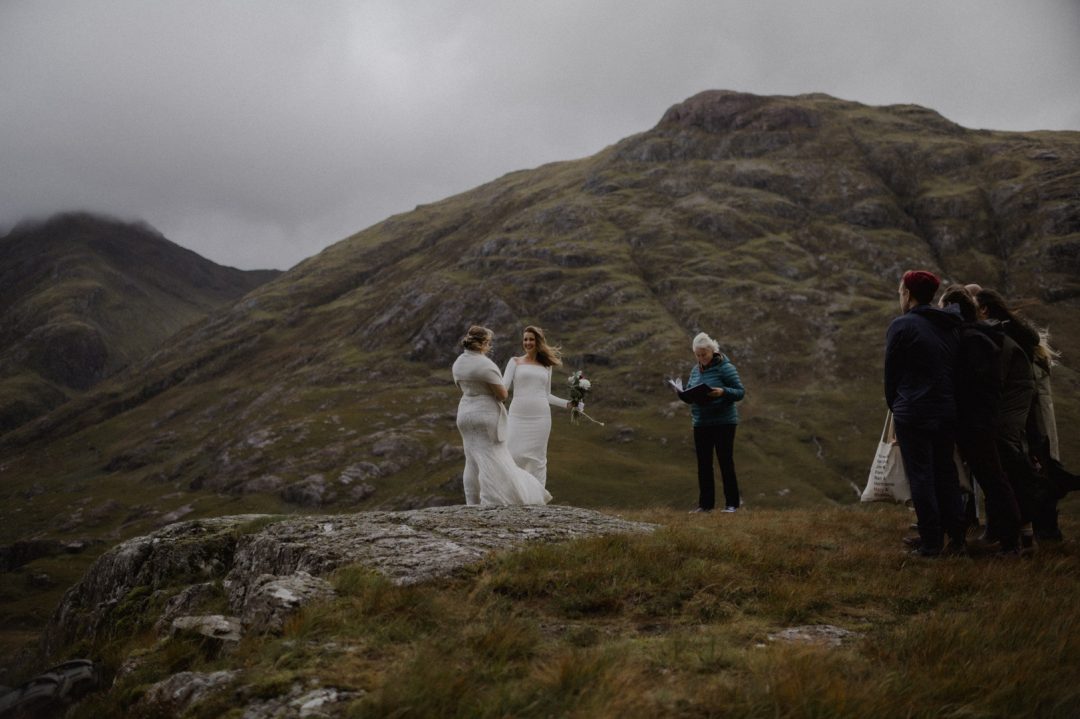 LGBTQ+ elopement ceremony in Glencoe during storm
