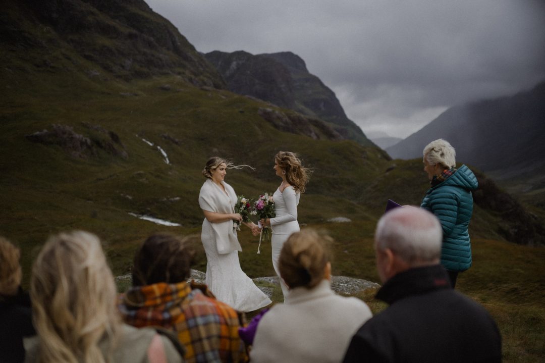 LGBTQ+ elopement ceremony in Glencoe during storm