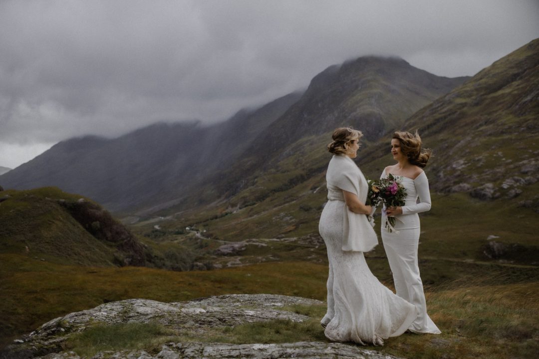 LGBTQ+ elopement ceremony in Glencoe during storm