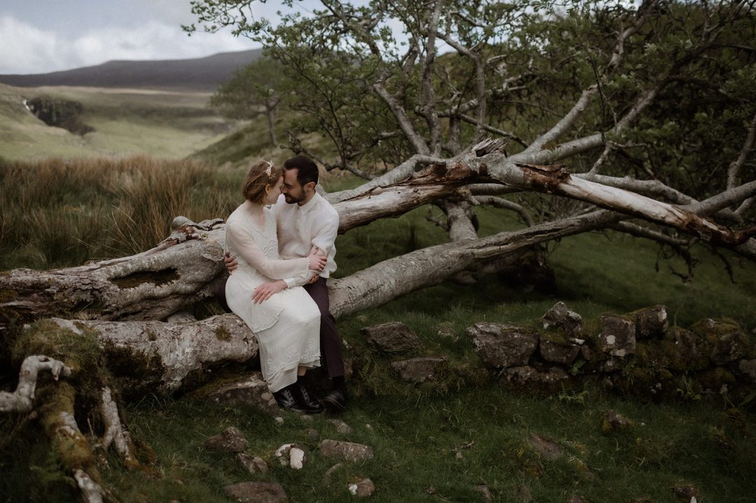Vintage styled couple at the fairy glen for their elopement on Isle of Skye