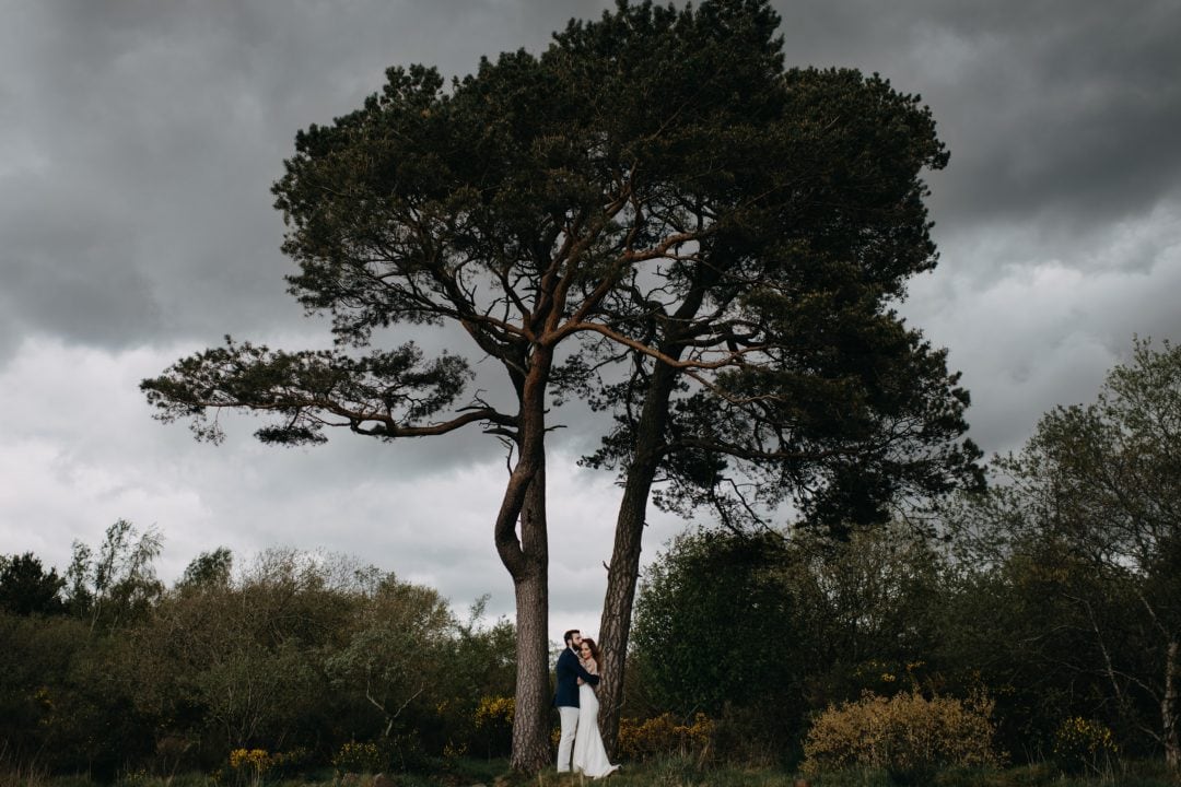 Elopement in nature Scotland. Stormy tree shot with Lena Sabala and Patrick Zaarour on Mark Pacura workshop.