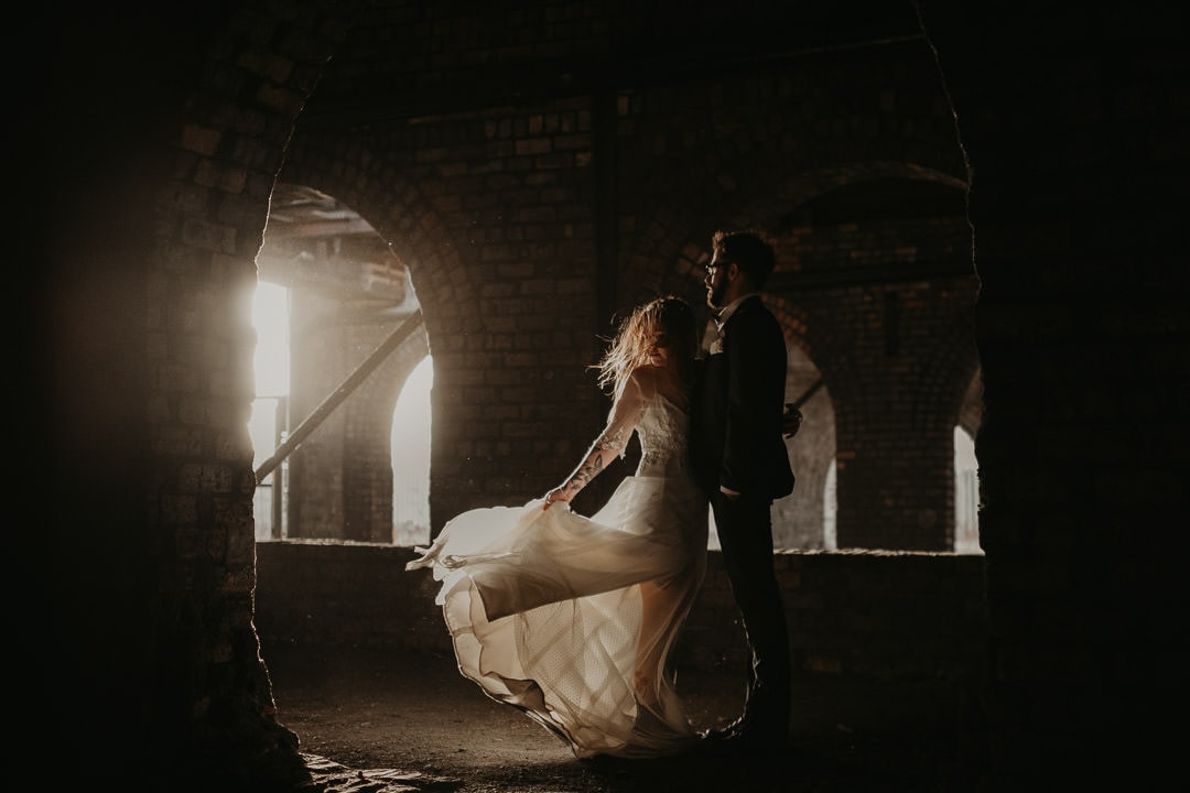 Dramatic photo of wedding couple at National Mining Museum wedding venue - scottish elopement photographer