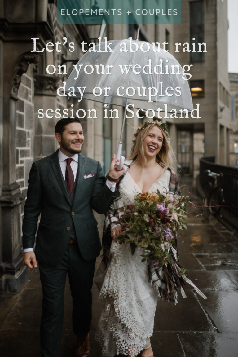 Couple walking through Edinburgh joyfully with an umbrella after eloping
