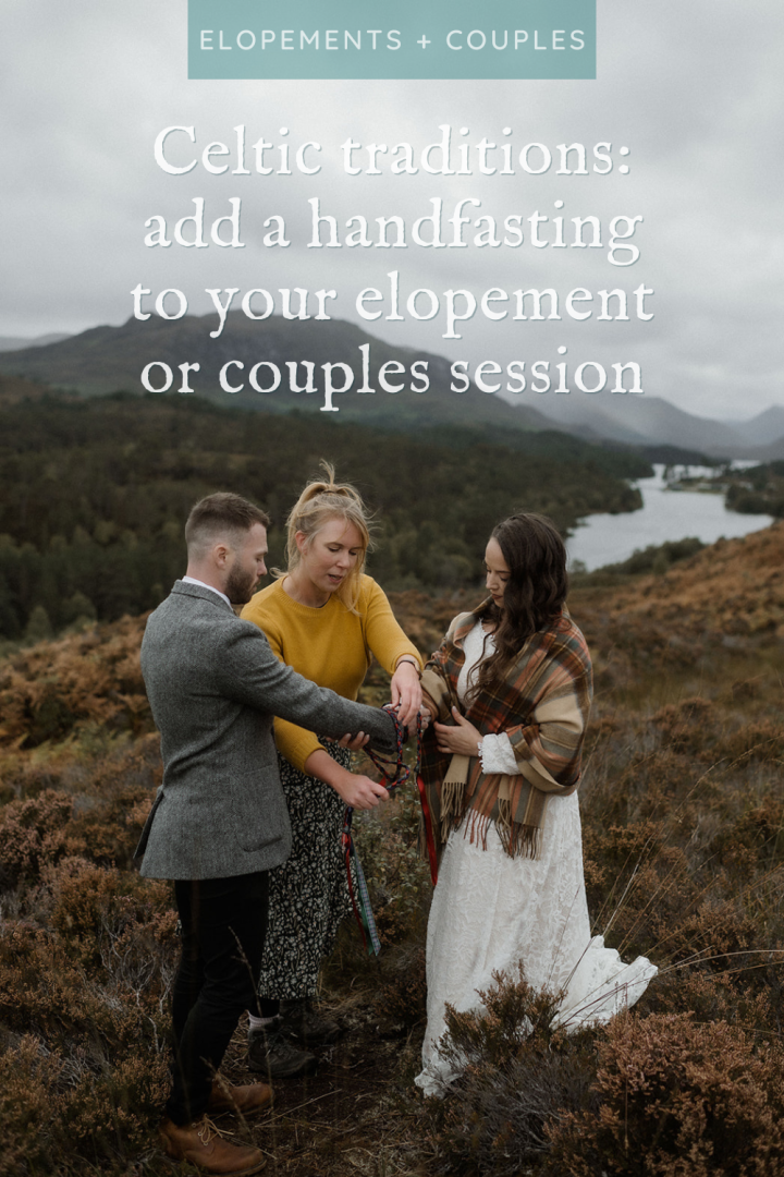 Couple being handfasted in a Scottish glen by a handfasting celebrant
